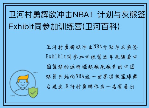 卫河村勇辉欲冲击NBA！计划与灰熊签Exhibit同参加训练营(卫河百科)