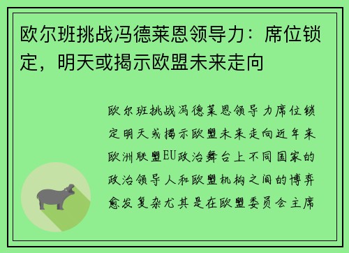 欧尔班挑战冯德莱恩领导力：席位锁定，明天或揭示欧盟未来走向