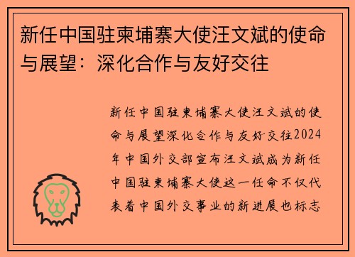 新任中国驻柬埔寨大使汪文斌的使命与展望：深化合作与友好交往