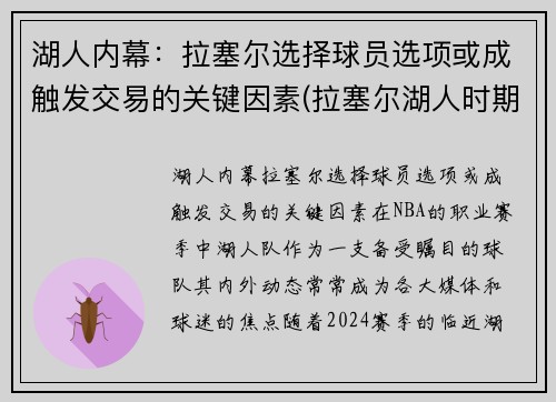 湖人内幕：拉塞尔选择球员选项或成触发交易的关键因素(拉塞尔湖人时期队友)