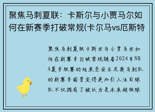聚焦马刺夏联：卡斯尔与小贾马尔如何在新赛季打破常规(卡尔马vs厄斯特)