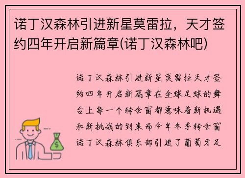 诺丁汉森林引进新星莫雷拉，天才签约四年开启新篇章(诺丁汉森林吧)